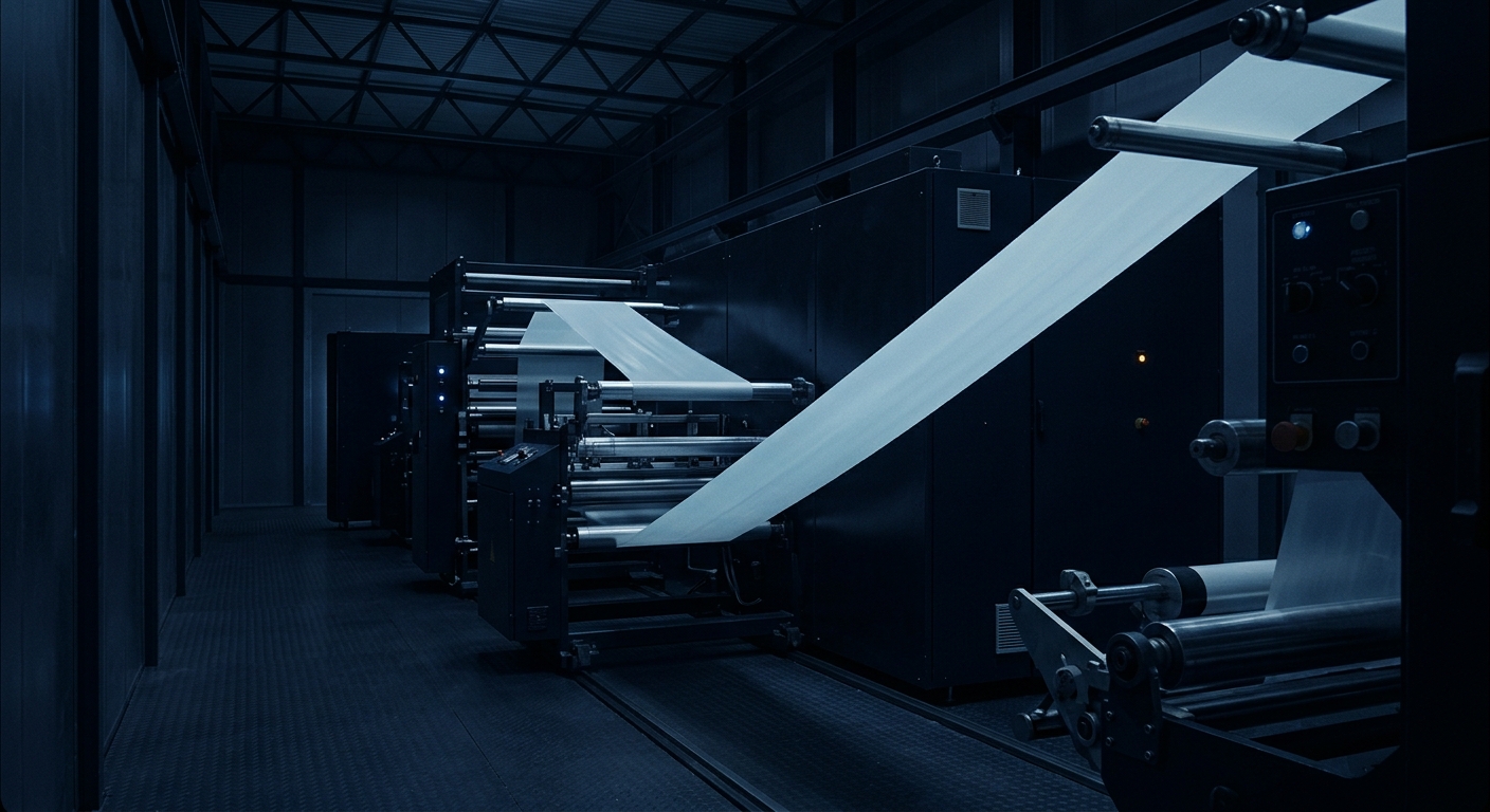 Battery separator production line at blue hour, diagonal roll assembly