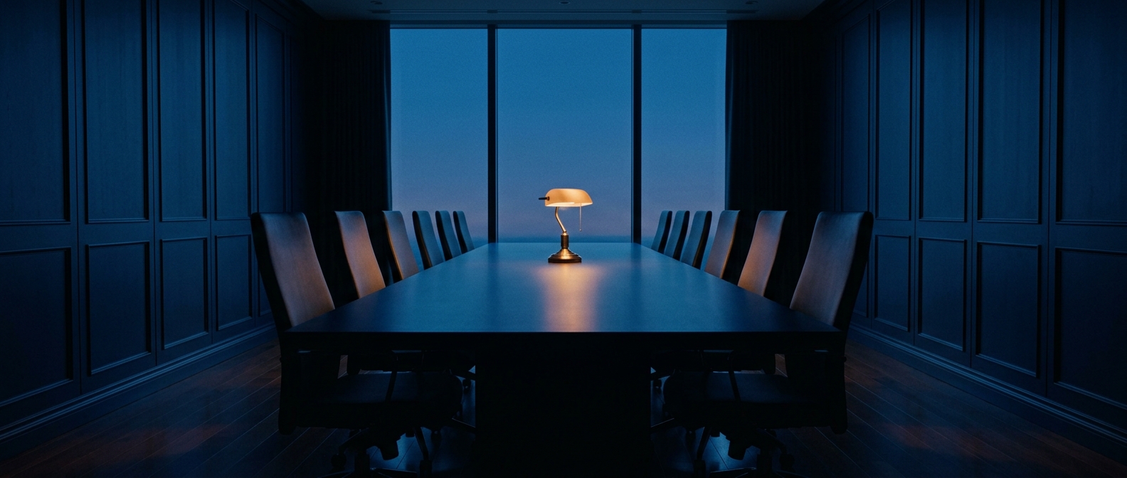 Empty executive boardroom at blue hour with a single reading lamp